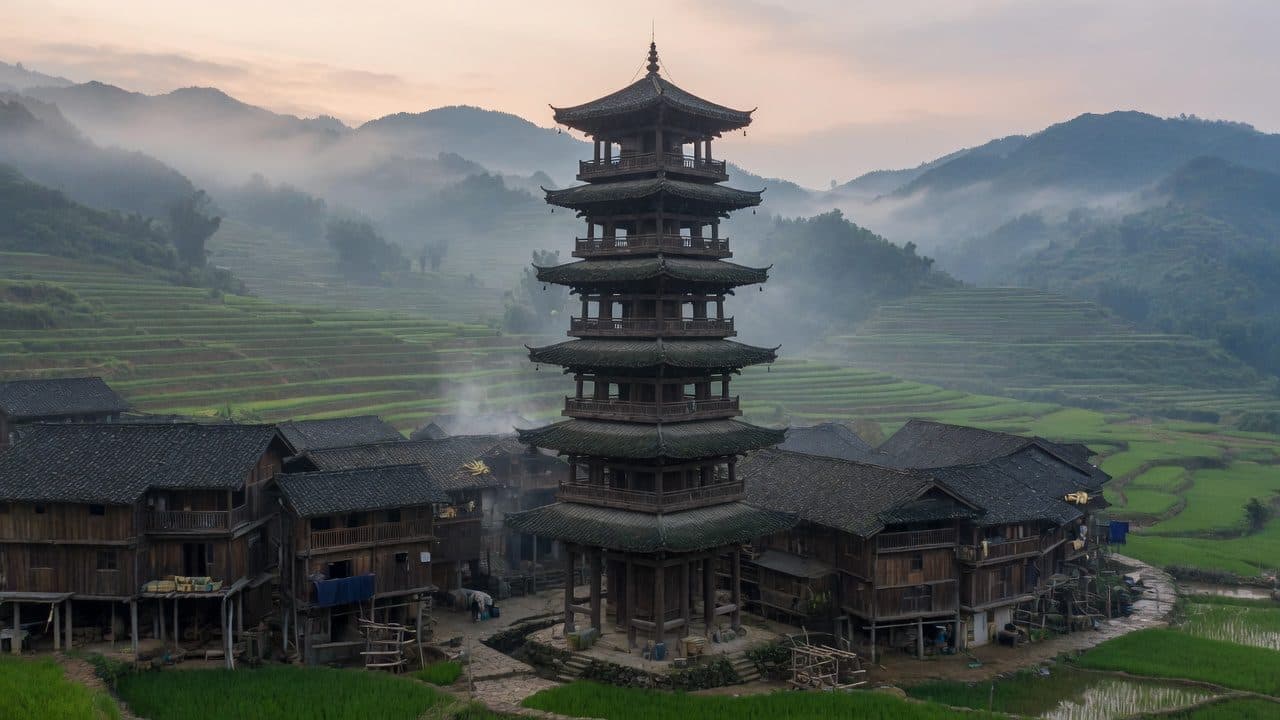 Dong drum tower above terraced fields in morning mist