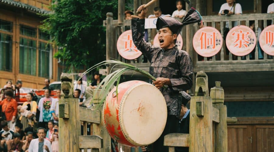 Drummer at the Hantian festival in a Dong village