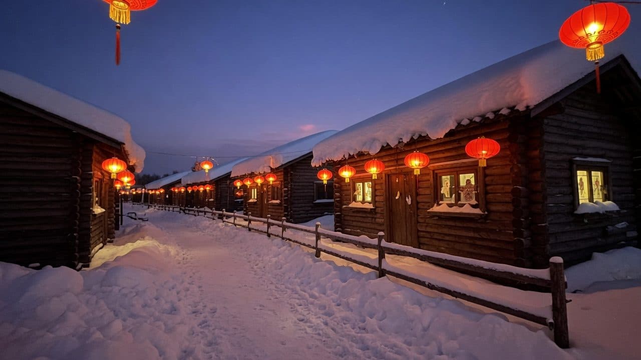 Snow-mushroom roofs and red lanterns in Snow Town at dusk