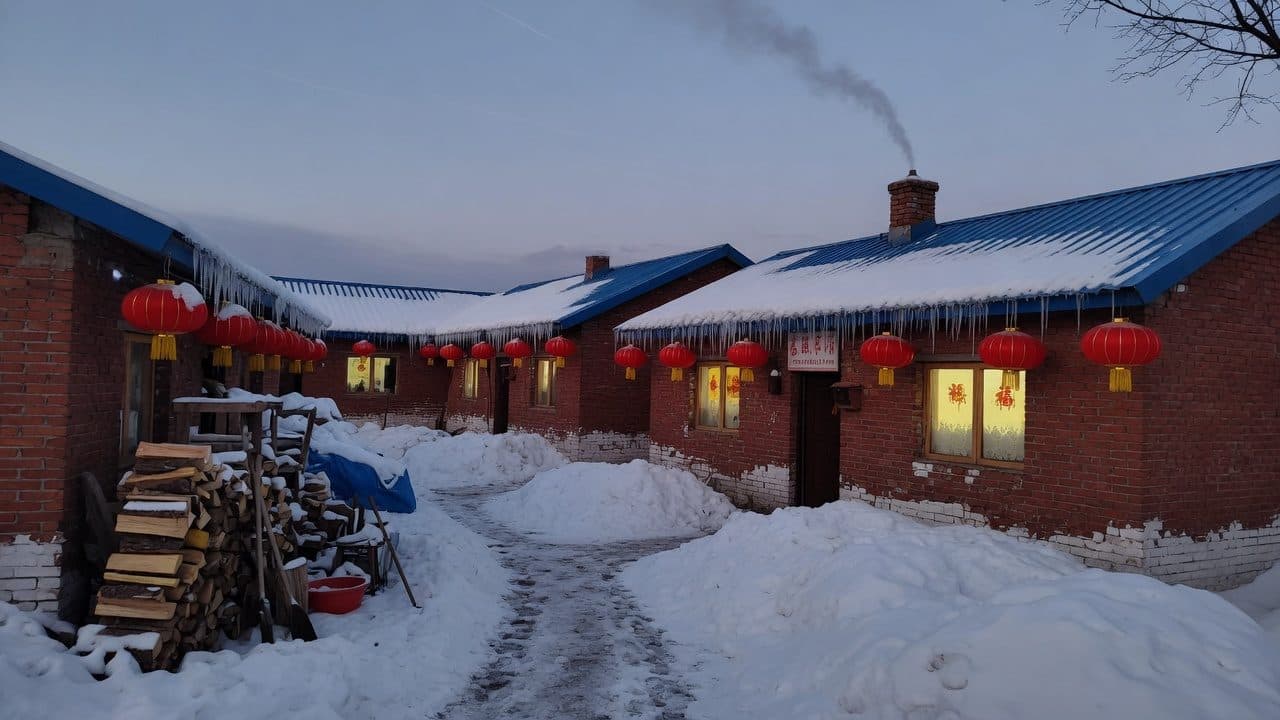 Snow-loaded farmhouse roofs and red lanterns at dusk in Snow Valley