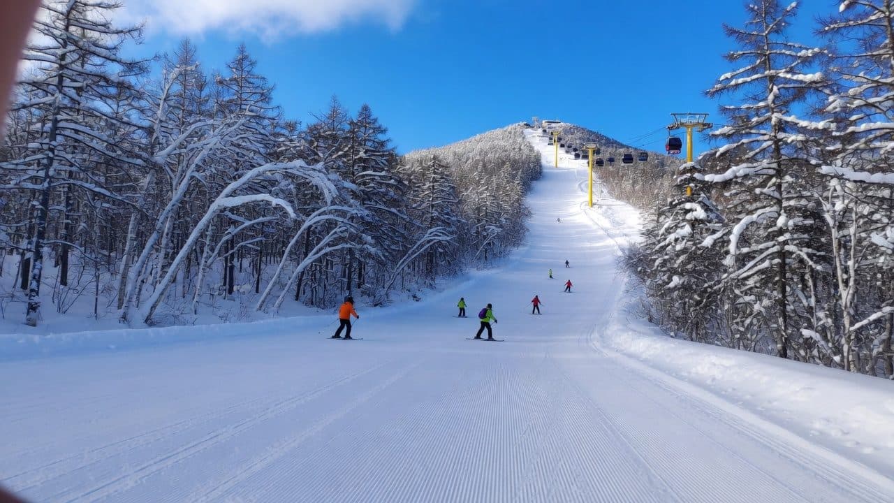 A groomed piste through snow-covered forest at Yabuli ski resort