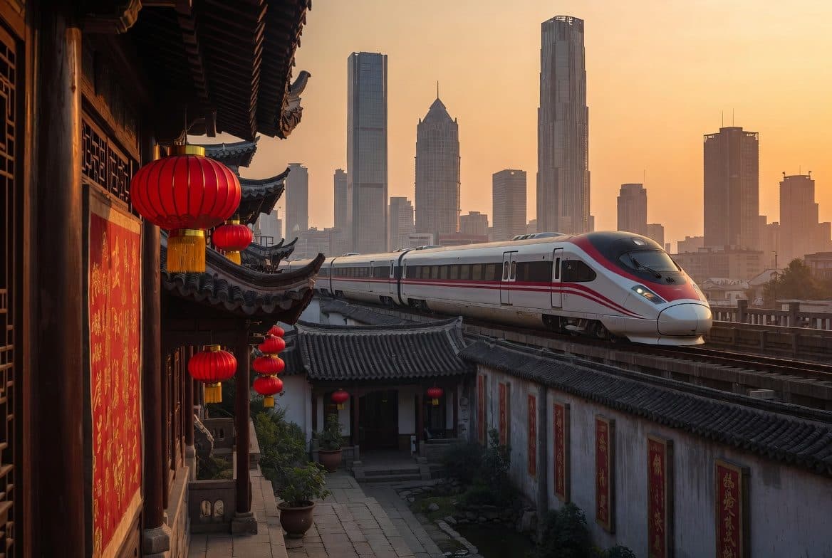 A high-speed train passing traditional lantern-hung courtyards below a modern skyline