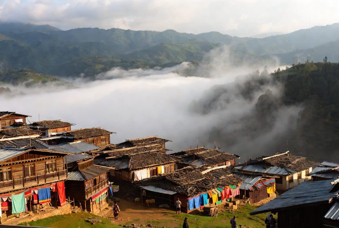 A hillside timber village above a valley filled with cloud