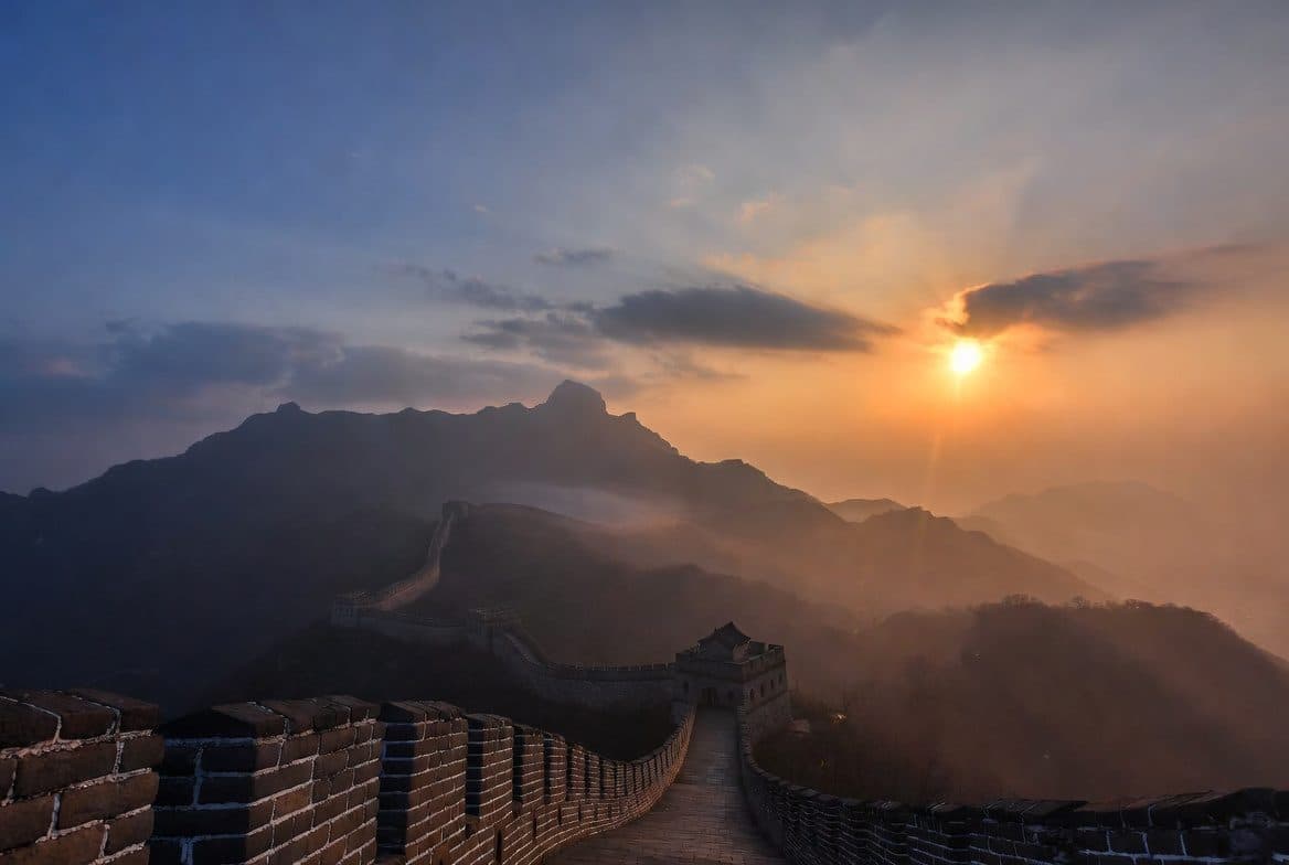 The Great Wall running along a ridge at first light